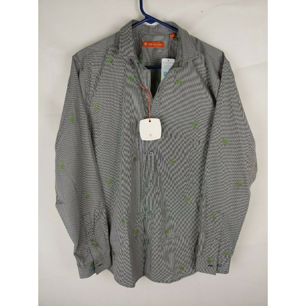 TORI RICHARD Men's shirt EMBROIDERED PALM TREES Gray cotton SIZE Small NWT